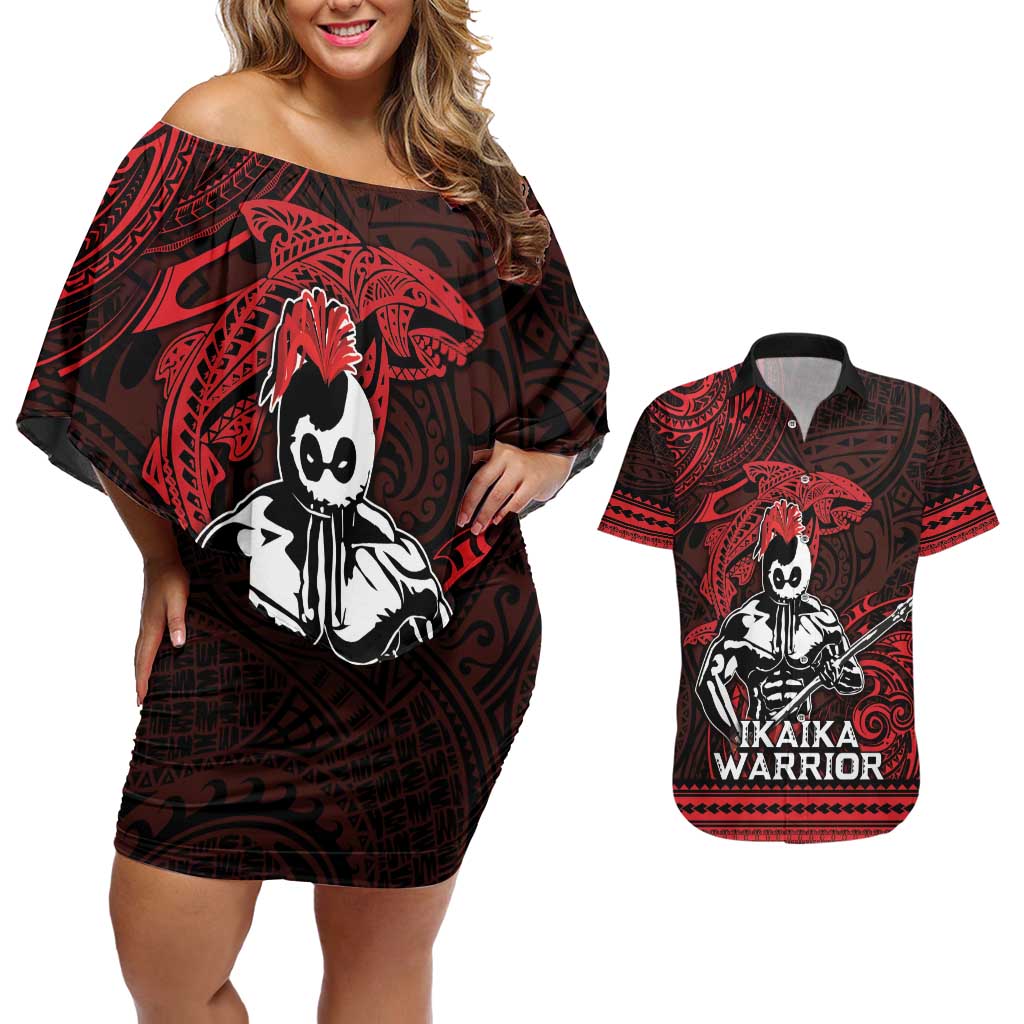 Hawaii Ikaika Warrior Couples Matching Off Shoulder Short Dress and Hawaiian Shirt Hawaiian Tribal Tattoo DT04 Red - Polynesian Pride