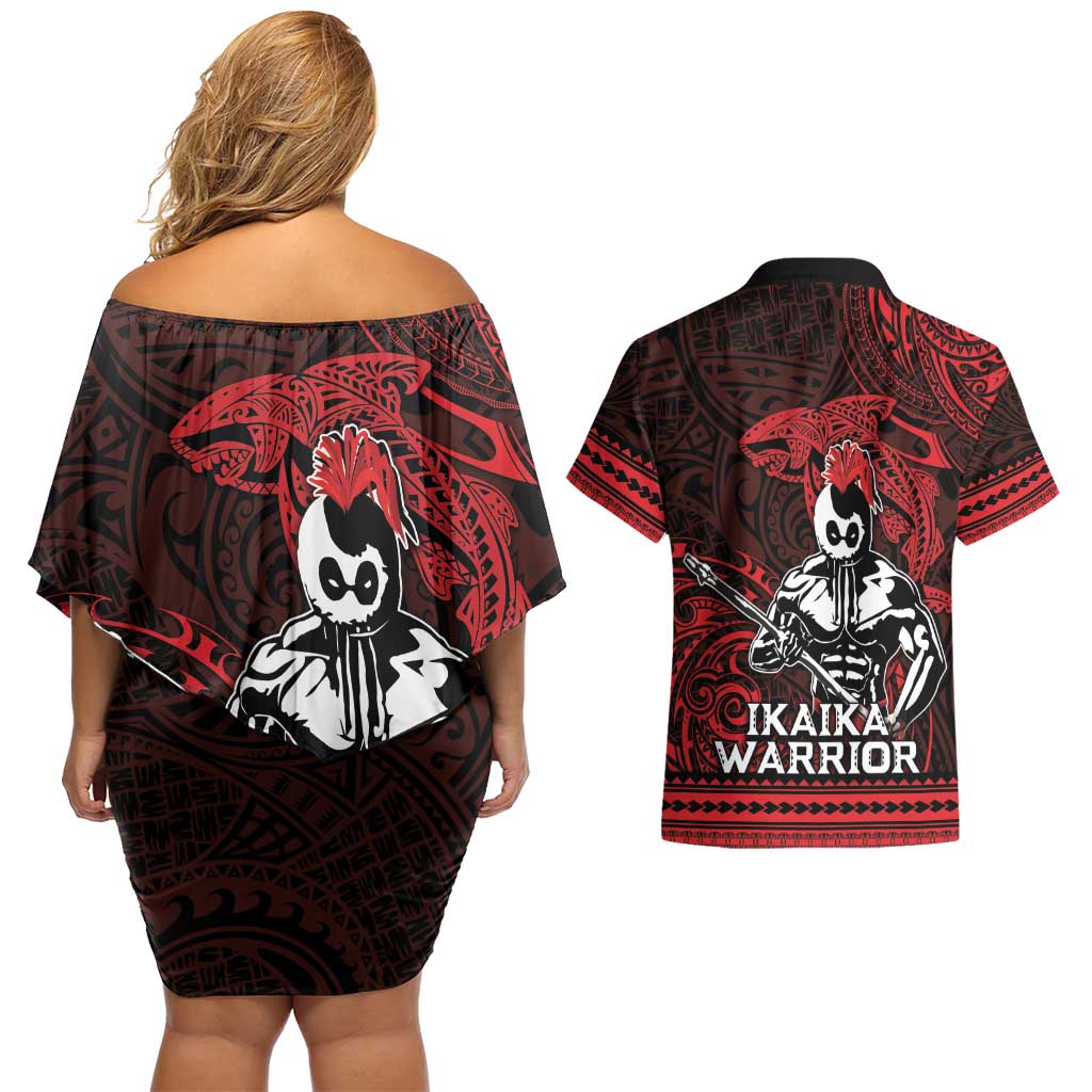 Hawaii Ikaika Warrior Couples Matching Off Shoulder Short Dress and Hawaiian Shirt Hawaiian Tribal Tattoo DT04 - Polynesian Pride