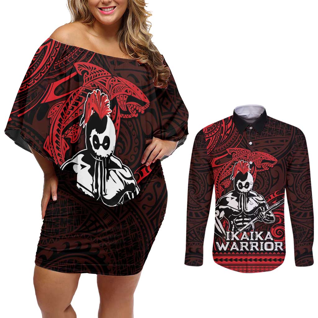 Hawaii Ikaika Warrior Couples Matching Off Shoulder Short Dress and Long Sleeve Button Shirt Hawaiian Tribal Tattoo DT04 Red - Polynesian Pride