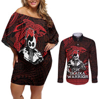 Hawaii Ikaika Warrior Couples Matching Off Shoulder Short Dress and Long Sleeve Button Shirt Hawaiian Tribal Tattoo DT04 Red - Polynesian Pride