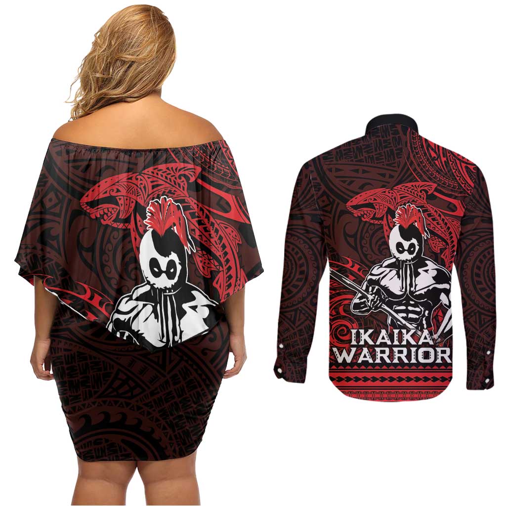 Hawaii Ikaika Warrior Couples Matching Off Shoulder Short Dress and Long Sleeve Button Shirt Hawaiian Tribal Tattoo DT04 - Polynesian Pride