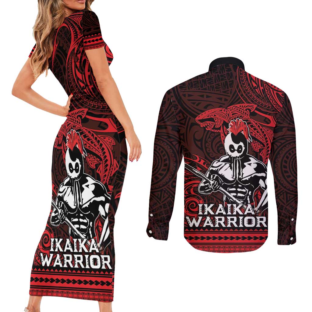 Hawaii Ikaika Warrior Couples Matching Short Sleeve Bodycon Dress and Long Sleeve Button Shirt Hawaiian Tribal Tattoo DT04 - Polynesian Pride