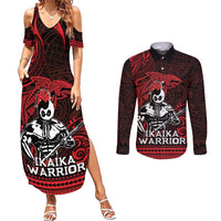 Hawaii Ikaika Warrior Couples Matching Summer Maxi Dress and Long Sleeve Button Shirt Hawaiian Tribal Tattoo DT04 Red - Polynesian Pride