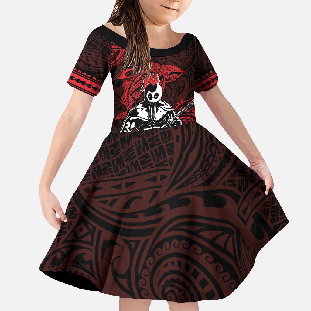 Hawaii Ikaika Warrior Family Matching Long Sleeve Bodycon Dress and Hawaiian Shirt Hawaiian Tribal Tattoo DT04 Daughter's Dress Red - Polynesian Pride