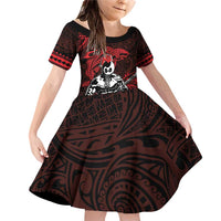 Hawaii Ikaika Warrior Family Matching Off Shoulder Short Dress and Hawaiian Shirt Hawaiian Tribal Tattoo DT04 Daughter's Dress Red - Polynesian Pride