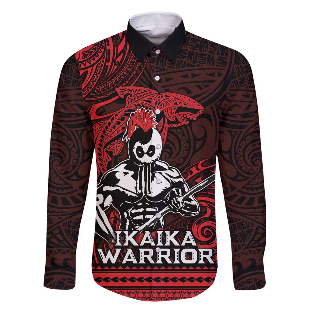 Hawaii Ikaika Warrior Family Matching Off Shoulder Short Dress and Hawaiian Shirt Hawaiian Tribal Tattoo DT04 Dad's Shirt - Long Sleeve Red - Polynesian Pride