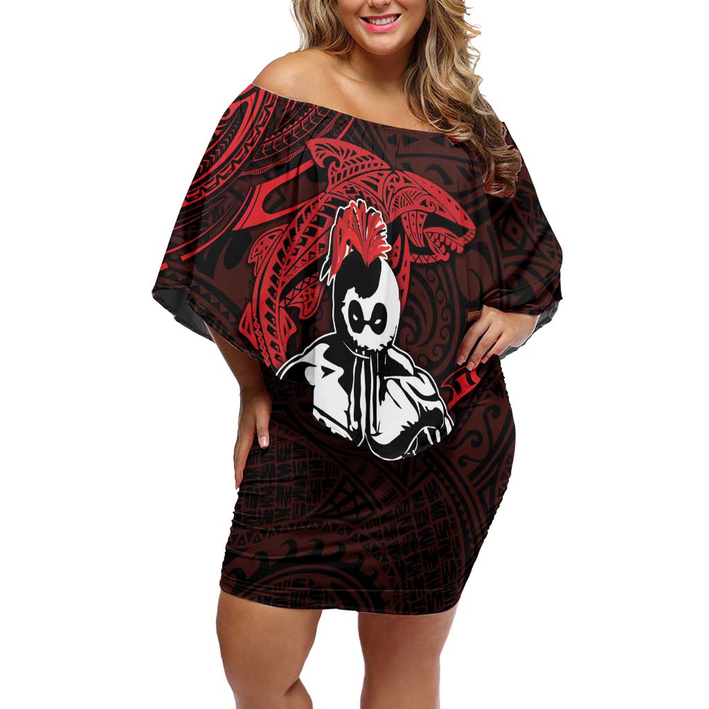 Hawaii Ikaika Warrior Family Matching Off Shoulder Short Dress and Hawaiian Shirt Hawaiian Tribal Tattoo DT04 Mom's Dress Red - Polynesian Pride