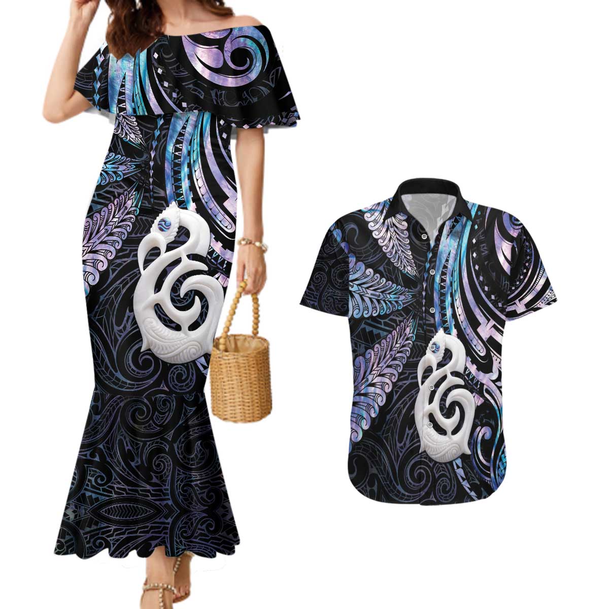 New Zealand Aotearoa Couples Matching Mermaid Dress and Hawaiian Shirt Maori Hei Manaia Purple Paua Shell DT04 Purple - Polynesian Pride