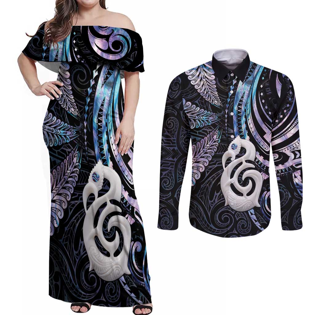 New Zealand Aotearoa Couples Matching Off Shoulder Maxi Dress and Long Sleeve Button Shirt Maori Hei Manaia Purple Paua Shell DT04 Purple - Polynesian Pride
