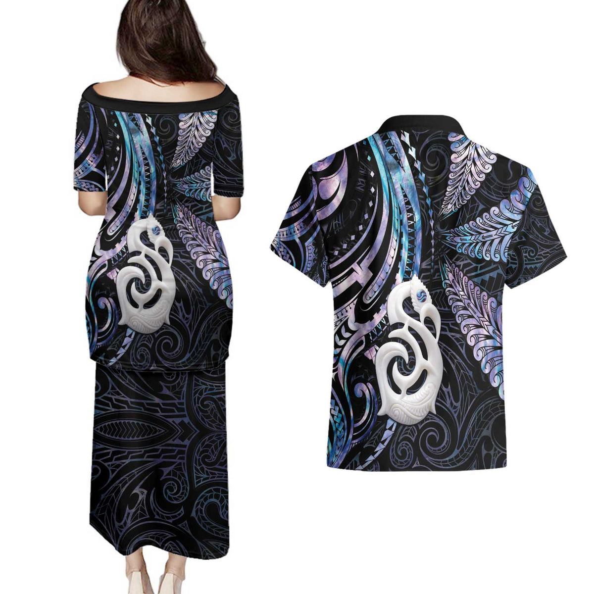 New Zealand Aotearoa Couples Matching Puletasi and Hawaiian Shirt Maori Hei Manaia Purple Paua Shell DT04 - Polynesian Pride