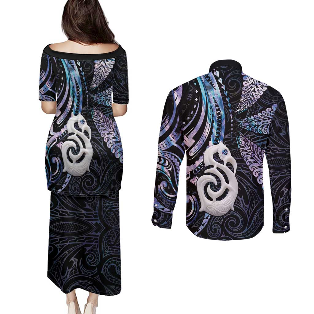 New Zealand Aotearoa Couples Matching Puletasi and Long Sleeve Button Shirt Maori Hei Manaia Purple Paua Shell DT04 - Polynesian Pride