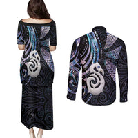 New Zealand Aotearoa Couples Matching Puletasi and Long Sleeve Button Shirt Maori Hei Manaia Purple Paua Shell DT04 - Polynesian Pride
