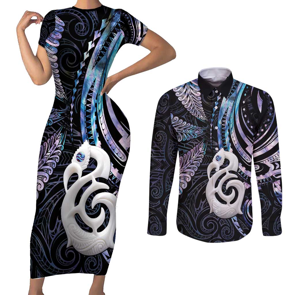 New Zealand Aotearoa Couples Matching Short Sleeve Bodycon Dress and Long Sleeve Button Shirt Maori Hei Manaia Purple Paua Shell DT04 Purple - Polynesian Pride