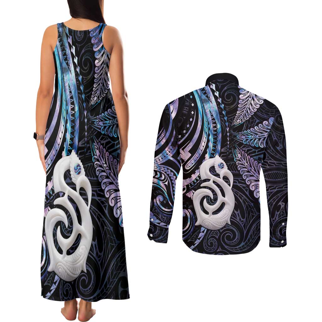 New Zealand Aotearoa Couples Matching Tank Maxi Dress and Long Sleeve Button Shirt Maori Hei Manaia Purple Paua Shell DT04 - Polynesian Pride