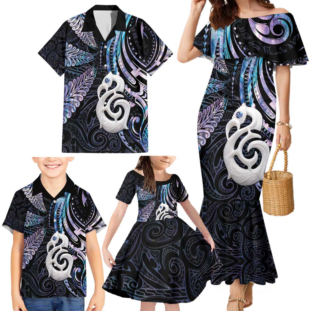 New Zealand Aotearoa Family Matching Mermaid Dress and Hawaiian Shirt Maori Hei Manaia Purple Paua Shell DT04 - Polynesian Pride