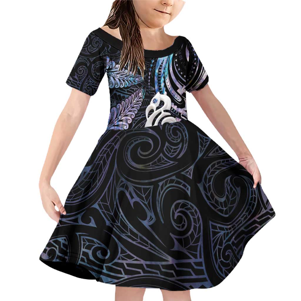 New Zealand Aotearoa Family Matching Off Shoulder Short Dress and Hawaiian Shirt Maori Hei Manaia Purple Paua Shell DT04 Daughter's Dress Purple - Polynesian Pride