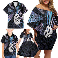 New Zealand Aotearoa Family Matching Off Shoulder Short Dress and Hawaiian Shirt Maori Hei Manaia Purple Paua Shell DT04 - Polynesian Pride