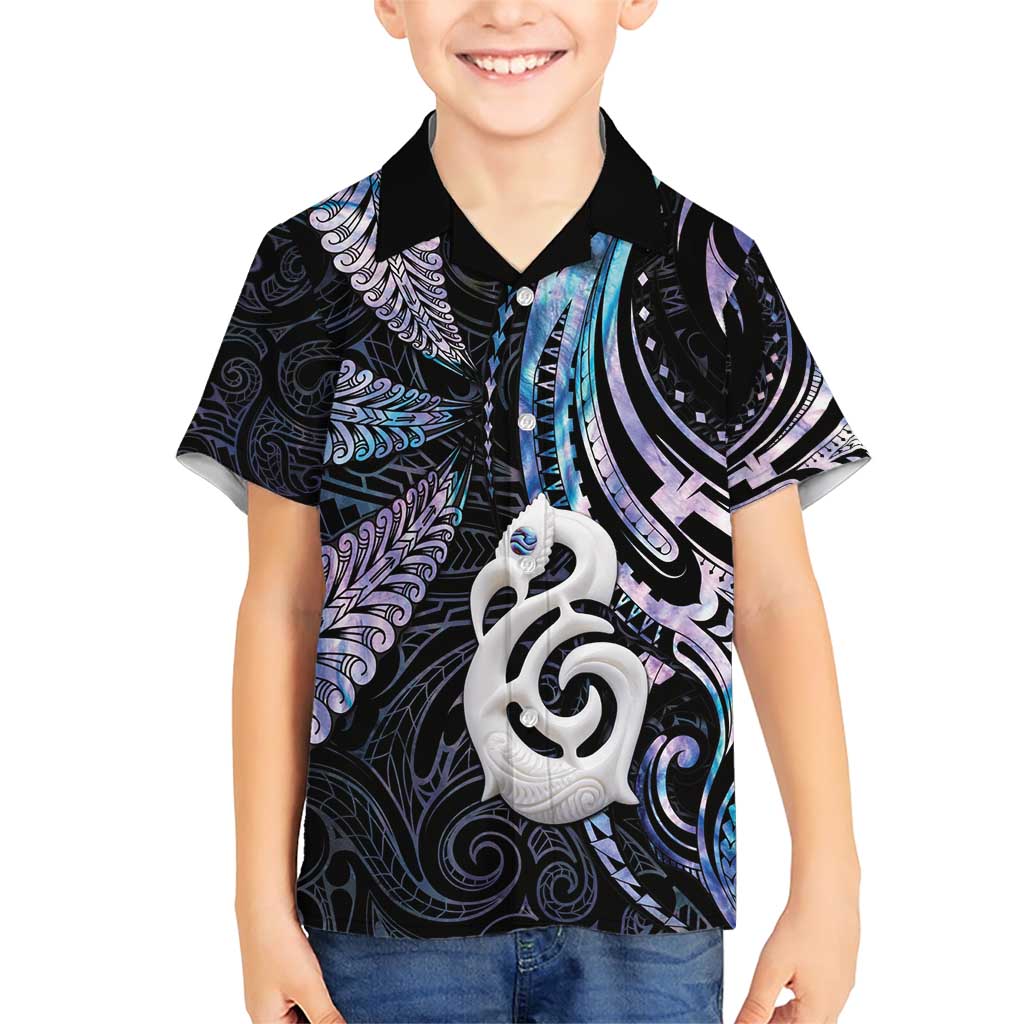 New Zealand Aotearoa Family Matching Short Sleeve Bodycon Dress and Hawaiian Shirt Maori Hei Manaia Purple Paua Shell DT04 Son's Shirt Purple - Polynesian Pride