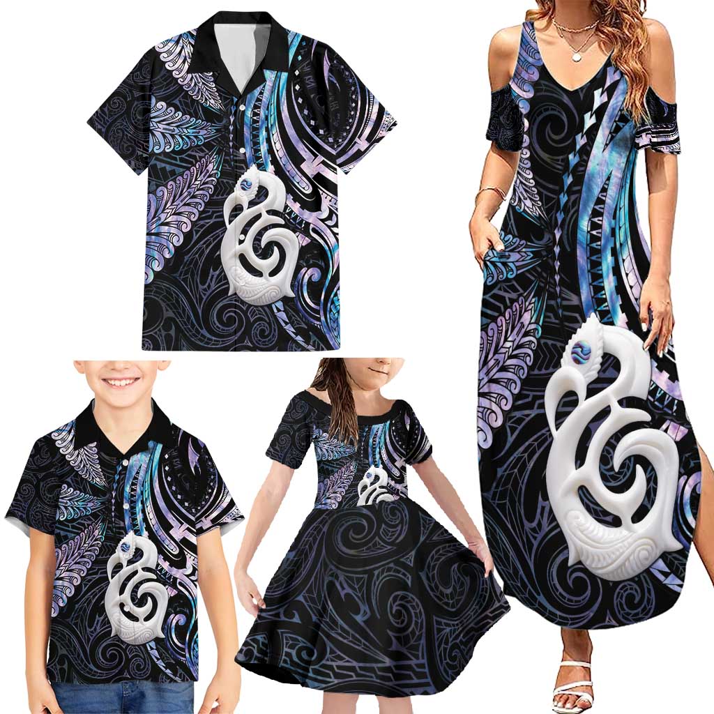 New Zealand Aotearoa Family Matching Summer Maxi Dress and Hawaiian Shirt Maori Hei Manaia Purple Paua Shell DT04 - Polynesian Pride