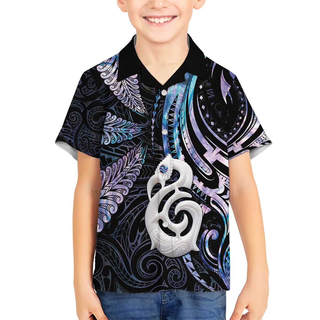 New Zealand Aotearoa Family Matching Summer Maxi Dress and Hawaiian Shirt Maori Hei Manaia Purple Paua Shell DT04 Son's Shirt Purple - Polynesian Pride