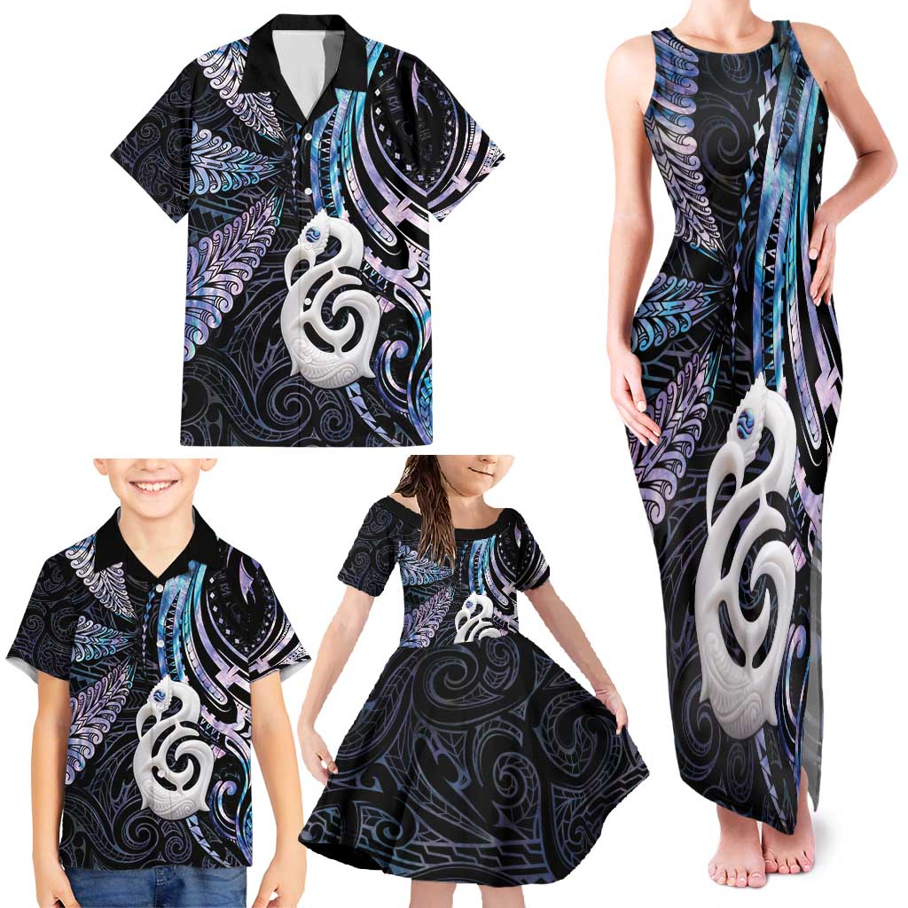 New Zealand Aotearoa Family Matching Tank Maxi Dress and Hawaiian Shirt Maori Hei Manaia Purple Paua Shell DT04 - Polynesian Pride