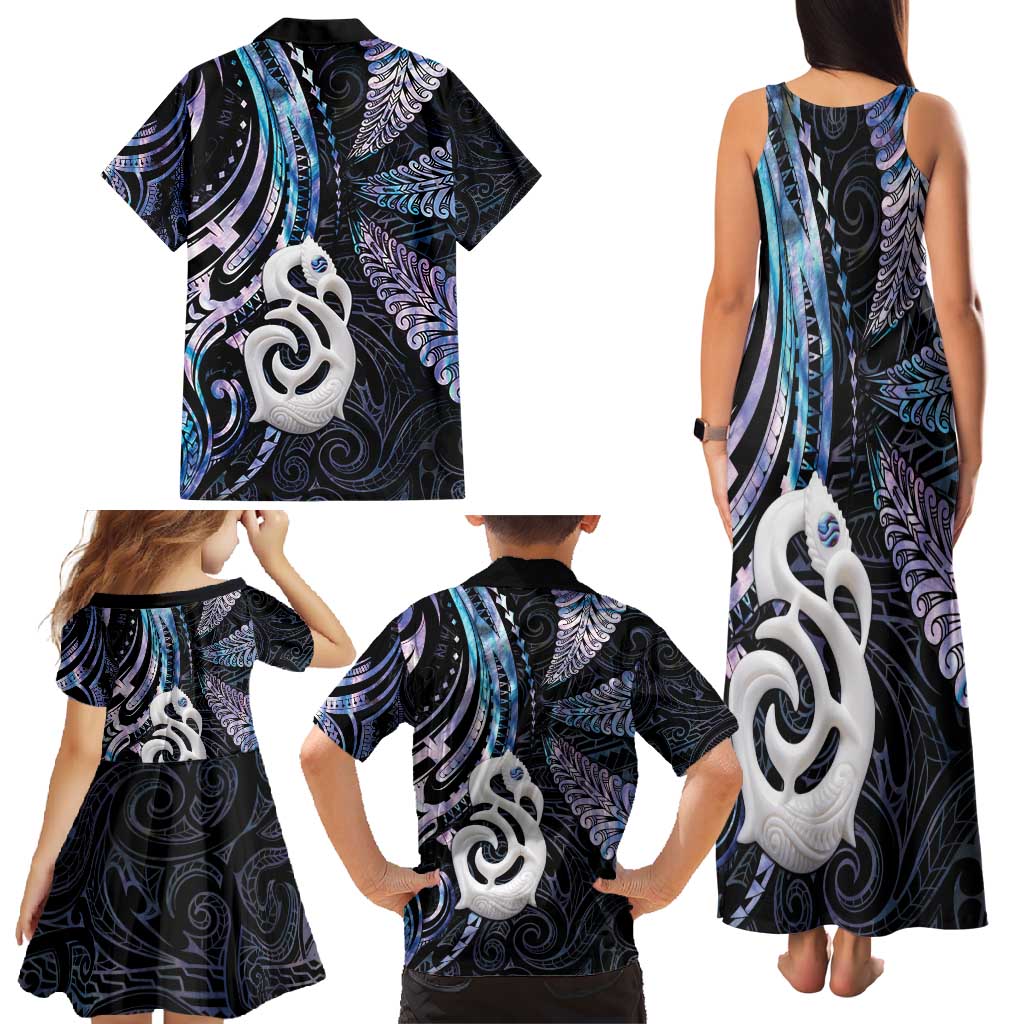 New Zealand Aotearoa Family Matching Tank Maxi Dress and Hawaiian Shirt Maori Hei Manaia Purple Paua Shell DT04 - Polynesian Pride