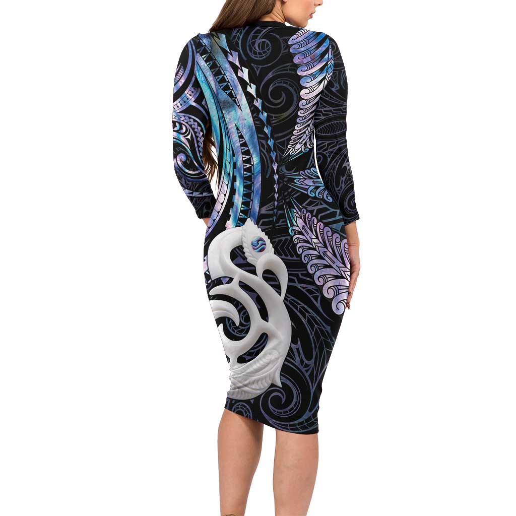New Zealand Aotearoa Long Sleeve Bodycon Dress Maori Hei Manaia Purple Paua Shell DT04 - Polynesian Pride