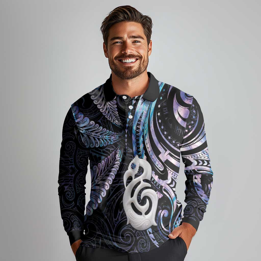 New Zealand Aotearoa Long Sleeve Polo Shirt Maori Hei Manaia Purple Paua Shell DT04 - Polynesian Pride