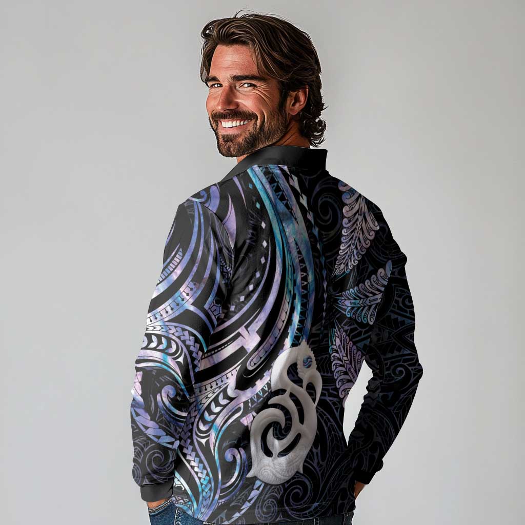 New Zealand Aotearoa Long Sleeve Polo Shirt Maori Hei Manaia Purple Paua Shell DT04 - Polynesian Pride