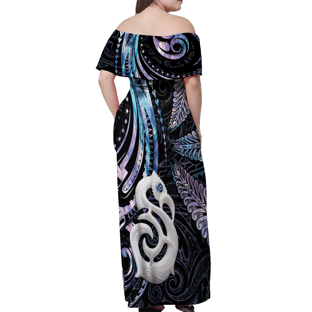 New Zealand Aotearoa Off Shoulder Maxi Dress Maori Hei Manaia Purple Paua Shell DT04 - Polynesian Pride