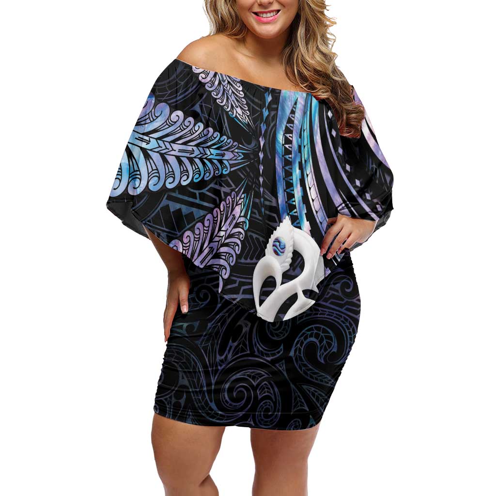 New Zealand Aotearoa Off Shoulder Short Dress Maori Hei Manaia Purple Paua Shell DT04 Women Purple - Polynesian Pride