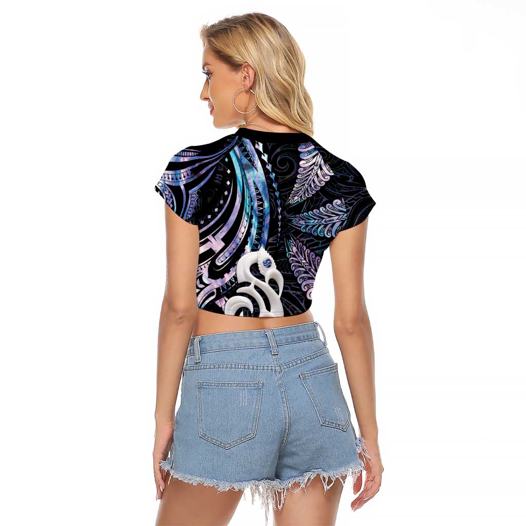 New Zealand Aotearoa Raglan Cropped T Shirt Maori Hei Manaia Purple Paua Shell DT04 - Polynesian Pride