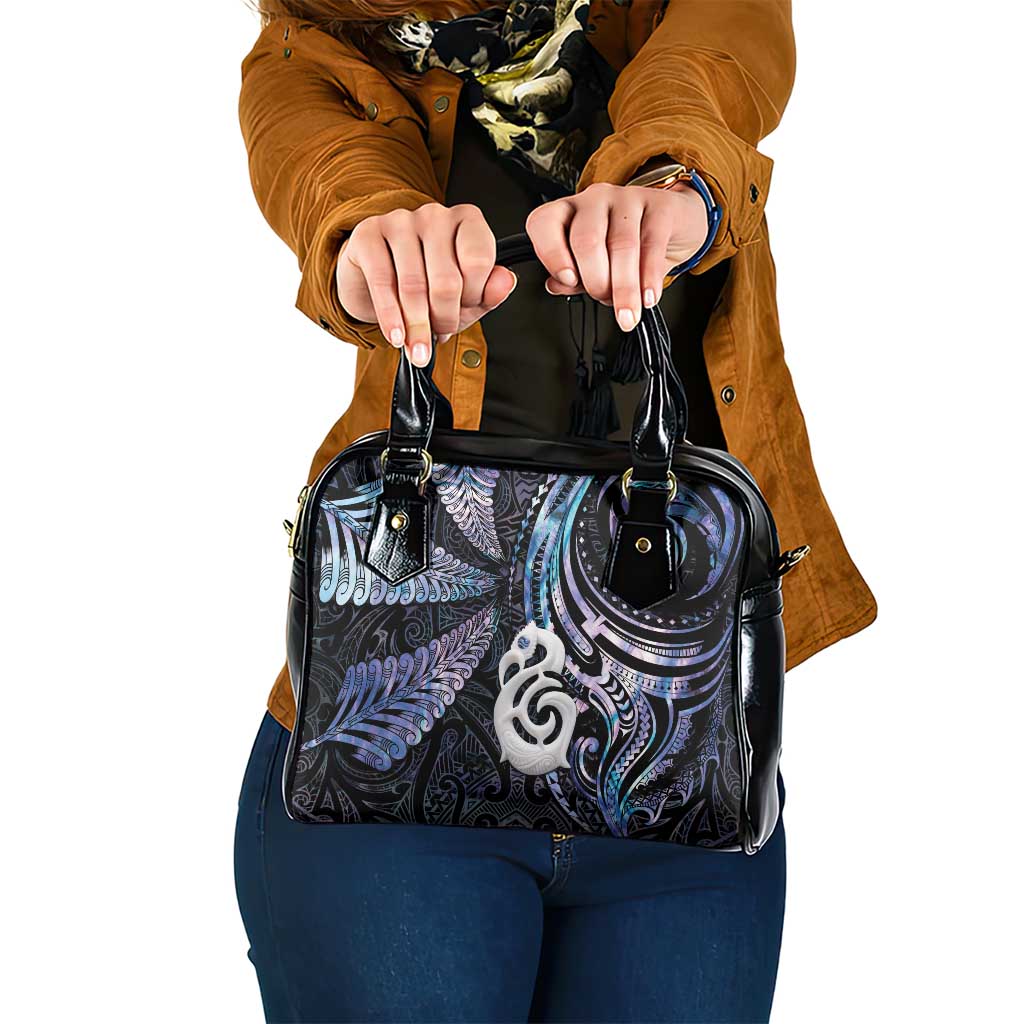 New Zealand Aotearoa Shoulder Handbag Maori Hei Manaia Purple Paua Shell