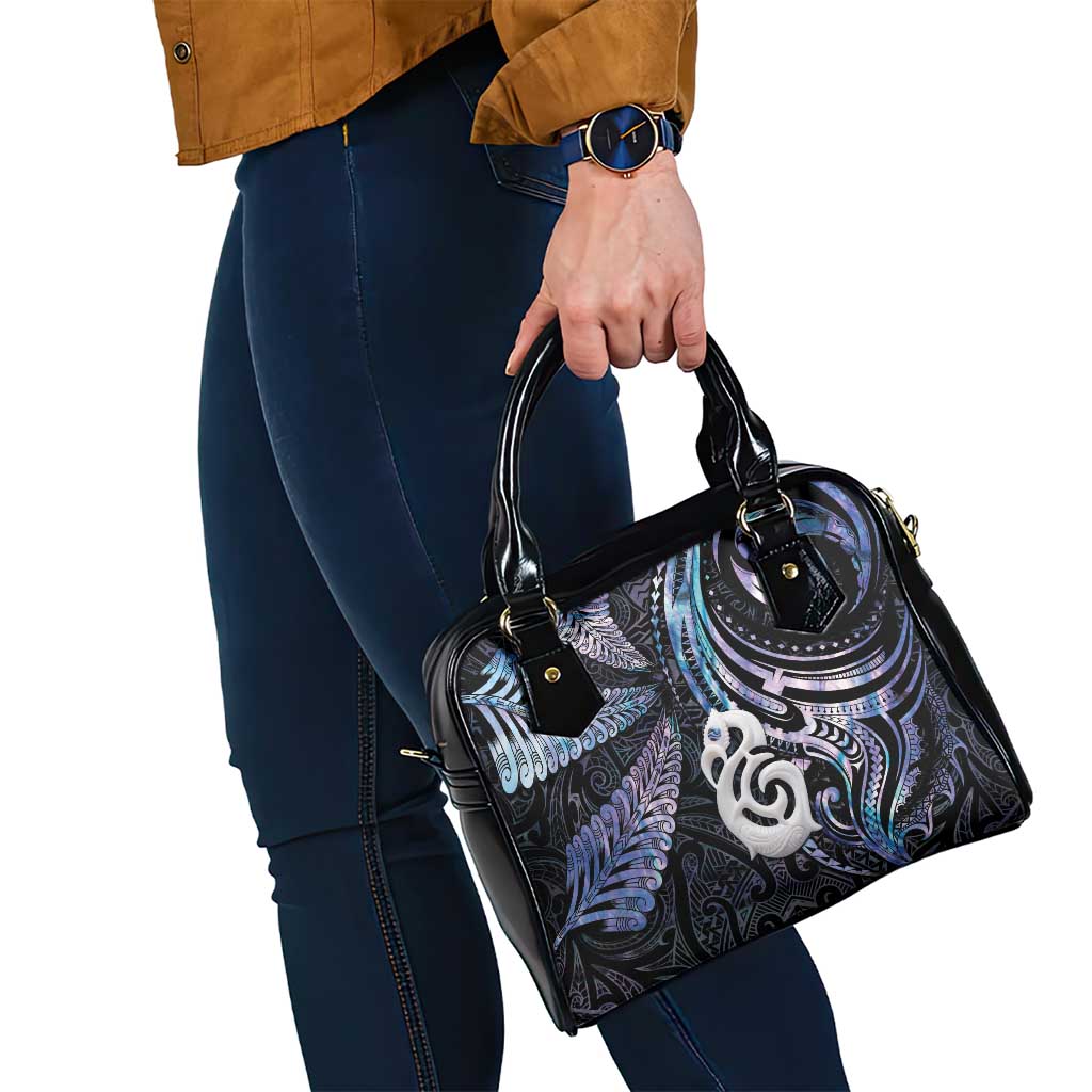New Zealand Aotearoa Shoulder Handbag Maori Hei Manaia Purple Paua Shell