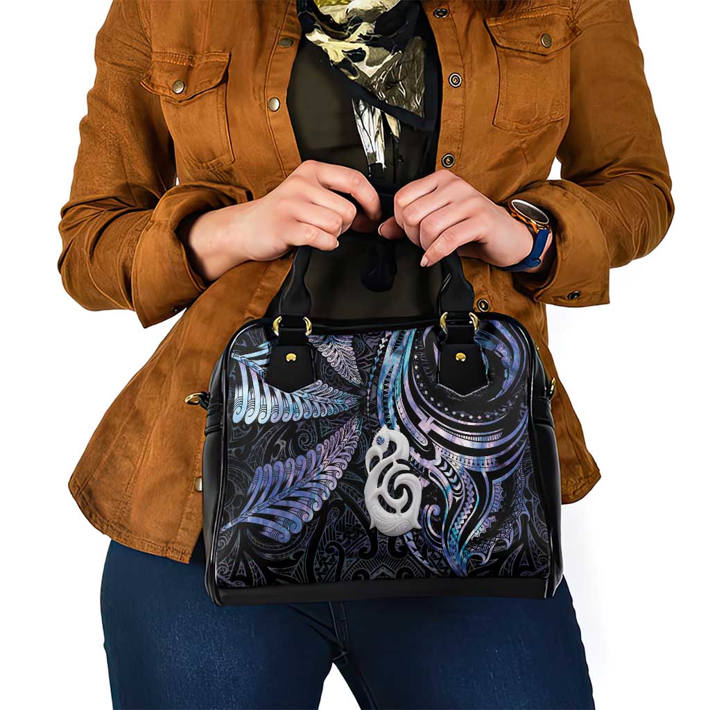 New Zealand Aotearoa Shoulder Handbag Maori Hei Manaia Purple Paua Shell