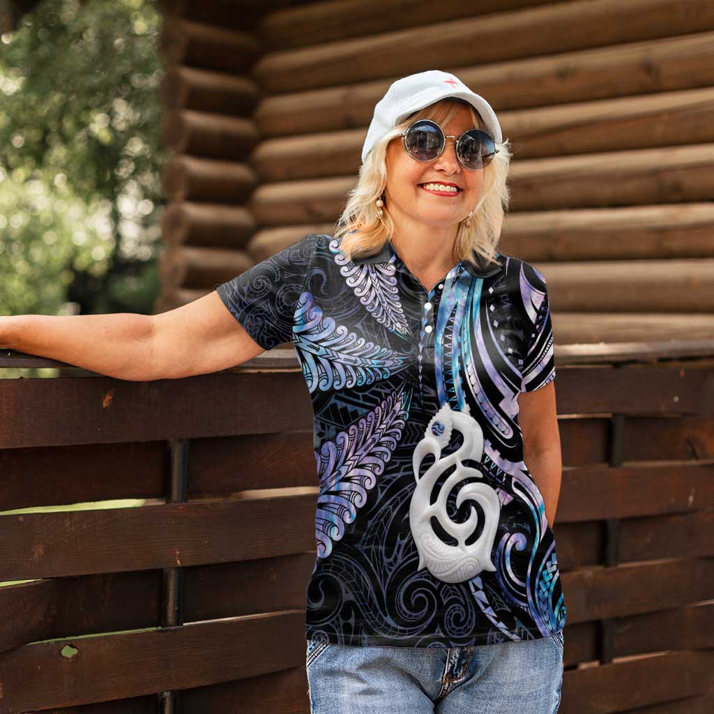 New Zealand Aotearoa Women Polo Shirt Maori Hei Manaia Purple Paua Shell DT04 - Polynesian Pride