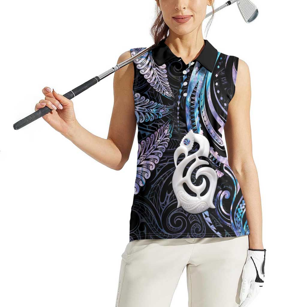 New Zealand Aotearoa Women Sleeveless Polo Shirt Maori Hei Manaia Purple Paua Shell DT04 - Polynesian Pride