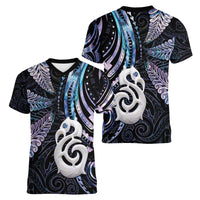 New Zealand Aotearoa Women V-Neck T-Shirt Maori Hei Manaia Purple Paua Shell DT04 - Polynesian Pride
