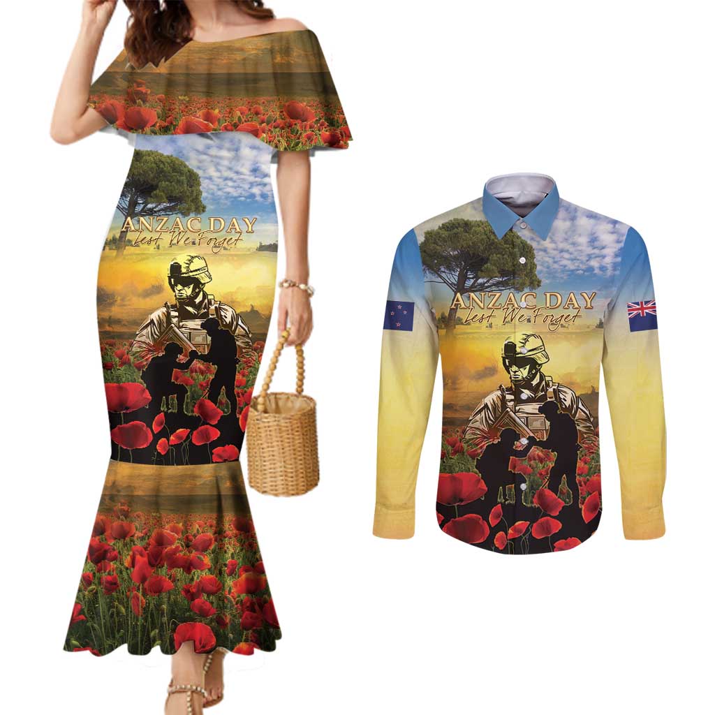 New Zealand ANZAC Day Couples Matching Mermaid Dress and Long Sleeve Button Shirt The Ode Remembrance And Poppy DT04 Yellow - Polynesian Pride
