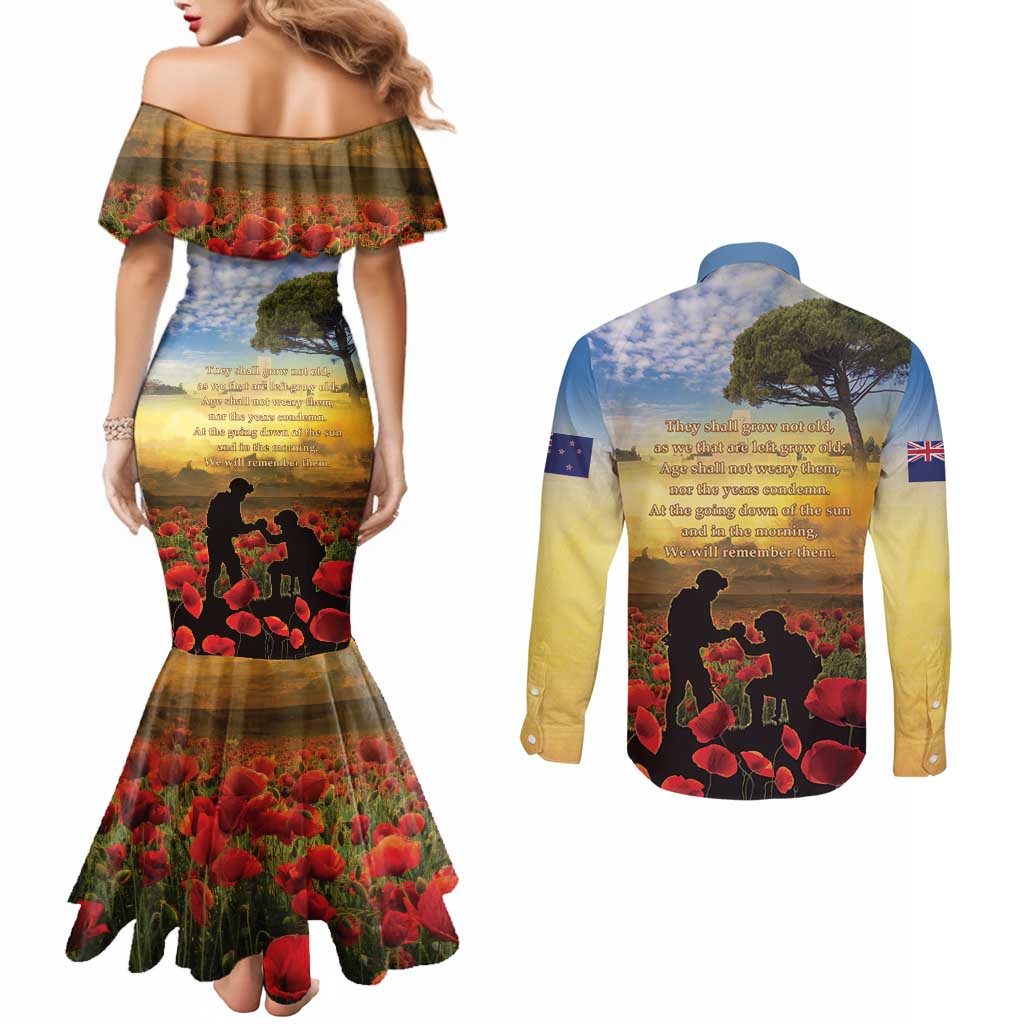New Zealand ANZAC Day Couples Matching Mermaid Dress and Long Sleeve Button Shirt The Ode Remembrance And Poppy DT04 - Polynesian Pride