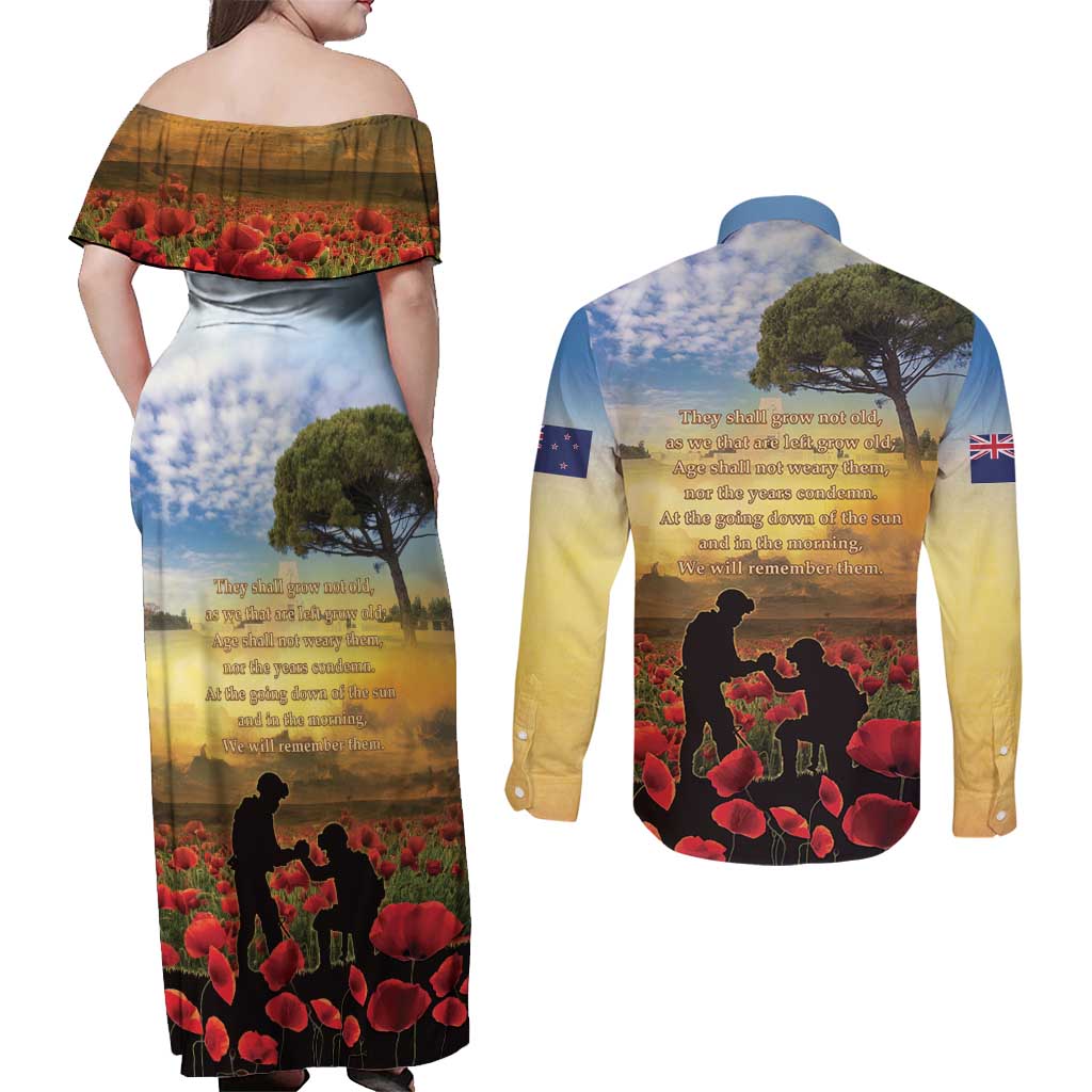 New Zealand ANZAC Day Couples Matching Off Shoulder Maxi Dress and Long Sleeve Button Shirt The Ode Remembrance And Poppy DT04 - Polynesian Pride