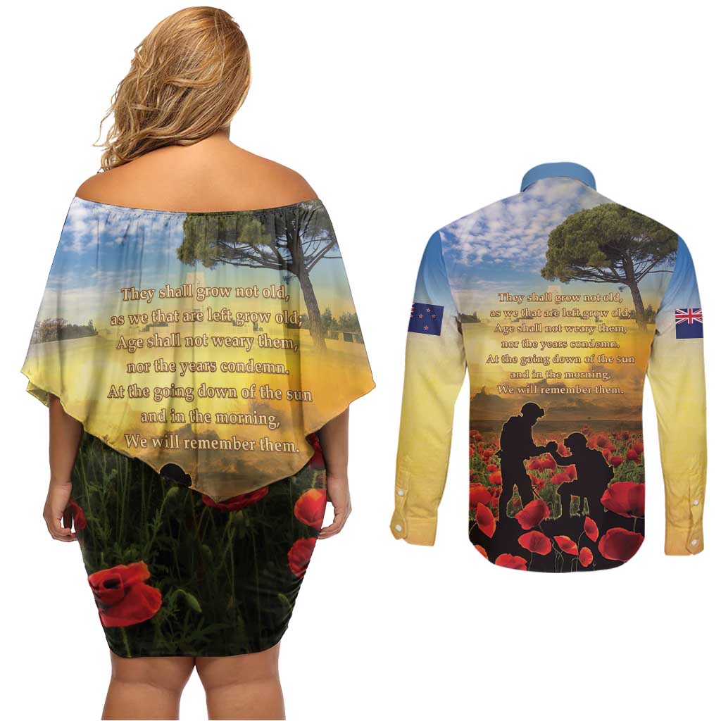New Zealand ANZAC Day Couples Matching Off Shoulder Short Dress and Long Sleeve Button Shirt The Ode Remembrance And Poppy DT04 - Polynesian Pride