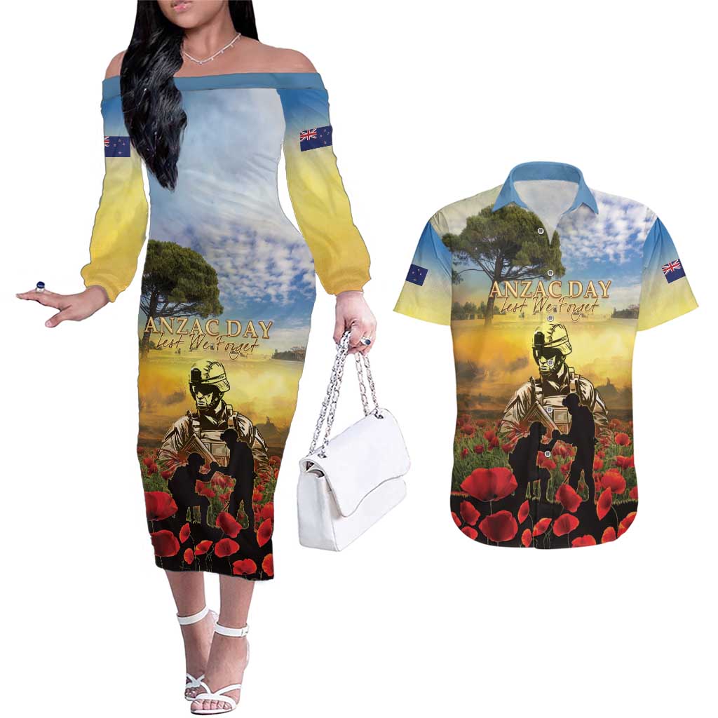 New Zealand ANZAC Day Couples Matching Off The Shoulder Long Sleeve Dress and Hawaiian Shirt The Ode Remembrance And Poppy DT04 Yellow - Polynesian Pride