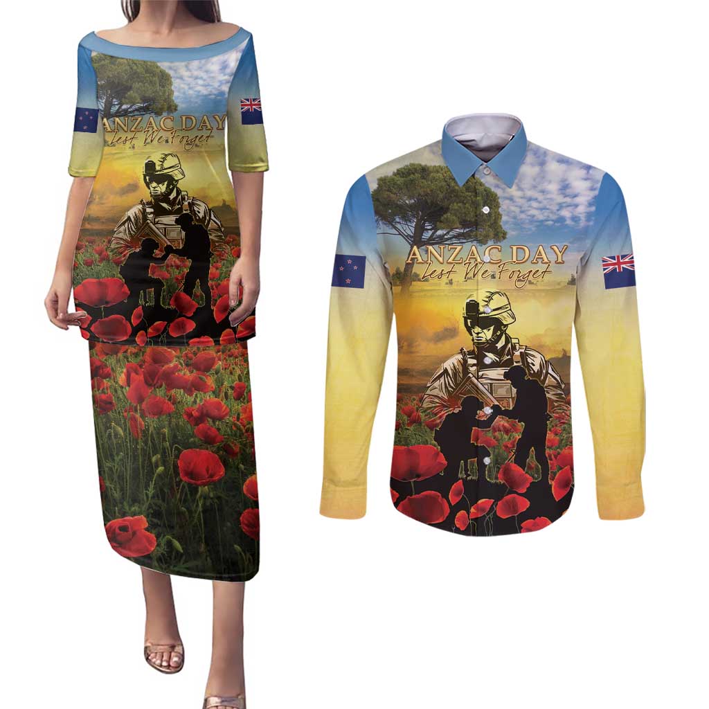 New Zealand ANZAC Day Couples Matching Puletasi and Long Sleeve Button Shirt The Ode Remembrance And Poppy DT04 Yellow - Polynesian Pride