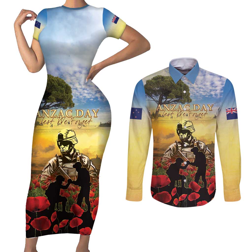 New Zealand ANZAC Day Couples Matching Short Sleeve Bodycon Dress and Long Sleeve Button Shirt The Ode Remembrance And Poppy DT04 Yellow - Polynesian Pride