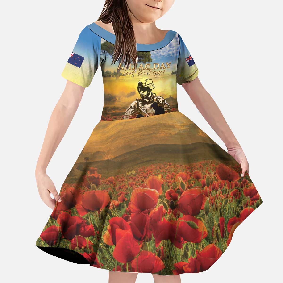 New Zealand ANZAC Day Family Matching Off The Shoulder Long Sleeve Dress and Hawaiian Shirt The Ode Remembrance And Poppy DT04 Daughter's Dress Yellow - Polynesian Pride