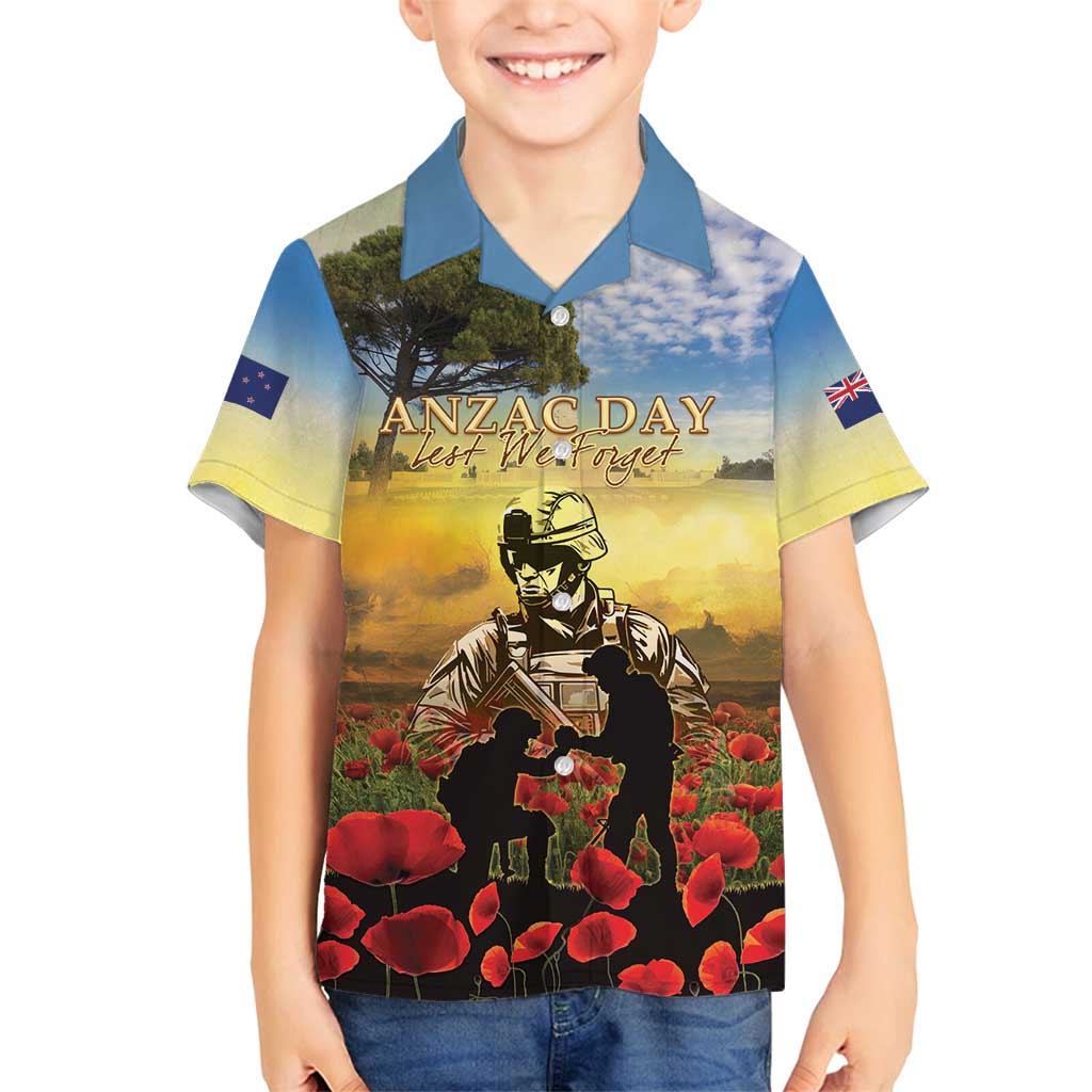 New Zealand ANZAC Day Family Matching Off Shoulder Maxi Dress and Hawaiian Shirt The Ode Remembrance And Poppy DT04 Son's Shirt Yellow - Polynesian Pride