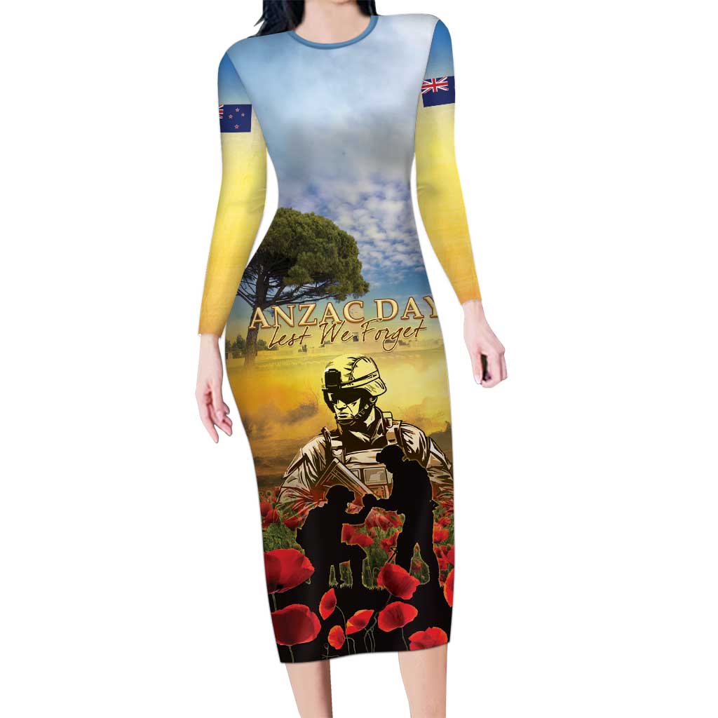 New Zealand ANZAC Day Long Sleeve Bodycon Dress The Ode Remembrance And Poppy DT04 Long Dress Yellow - Polynesian Pride