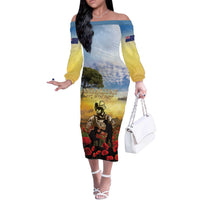 New Zealand ANZAC Day Off The Shoulder Long Sleeve Dress The Ode Remembrance And Poppy DT04 Women Yellow - Polynesian Pride