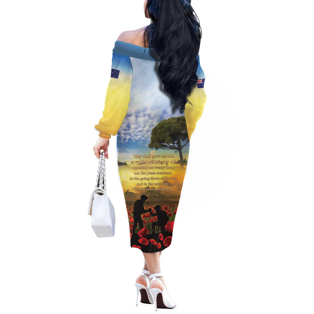 New Zealand ANZAC Day Off The Shoulder Long Sleeve Dress The Ode Remembrance And Poppy DT04 - Polynesian Pride